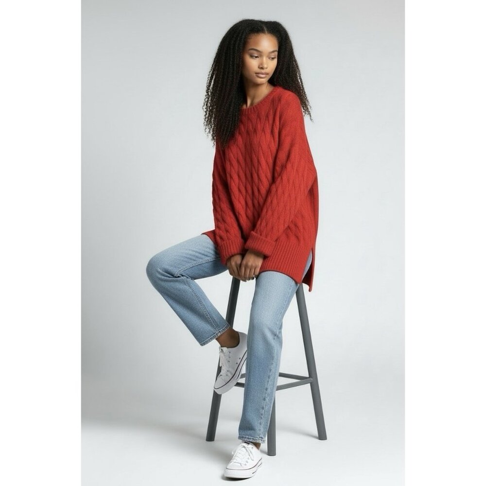 J.Crew Red Cable Knit Crewneck Sweater Red Side Slit Flip Cuff BM401 Womens M/L